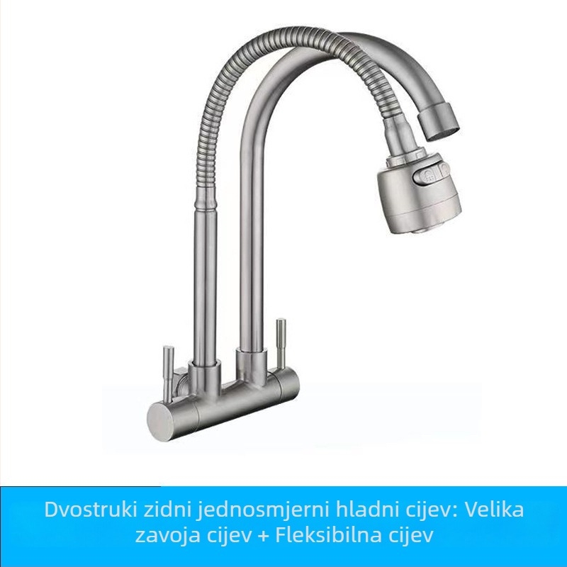Kuhinjska slavina od 304 nehrđajućeg čelika, zidna montaža, dvostruki izlaz, 360° rotacija, samo hladna voda