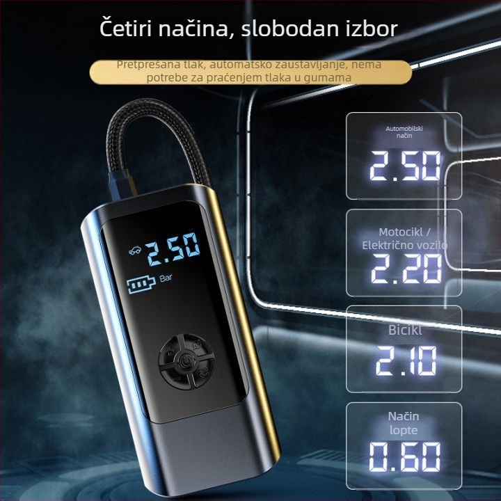 Inteligentna automobilska pumpa za zrak, mini bezžična električna pumpa s LED svjetlom, 12V 80W, 25 L/min, USB napajanje, digitalni zaslon i ugrađena Power Bank