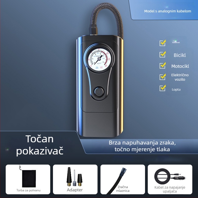 Inteligentna automobilska pumpa za zrak, mini bezžična električna pumpa s LED svjetlom, 12V 80W, 25 L/min, USB napajanje, digitalni zaslon i ugrađena Power Bank