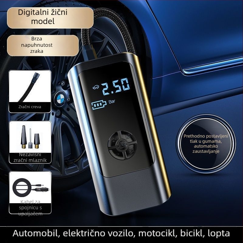 Inteligentna automobilska pumpa za zrak, mini bezžična električna pumpa s LED svjetlom, 12V 80W, 25 L/min, USB napajanje, digitalni zaslon i ugrađena Power Bank