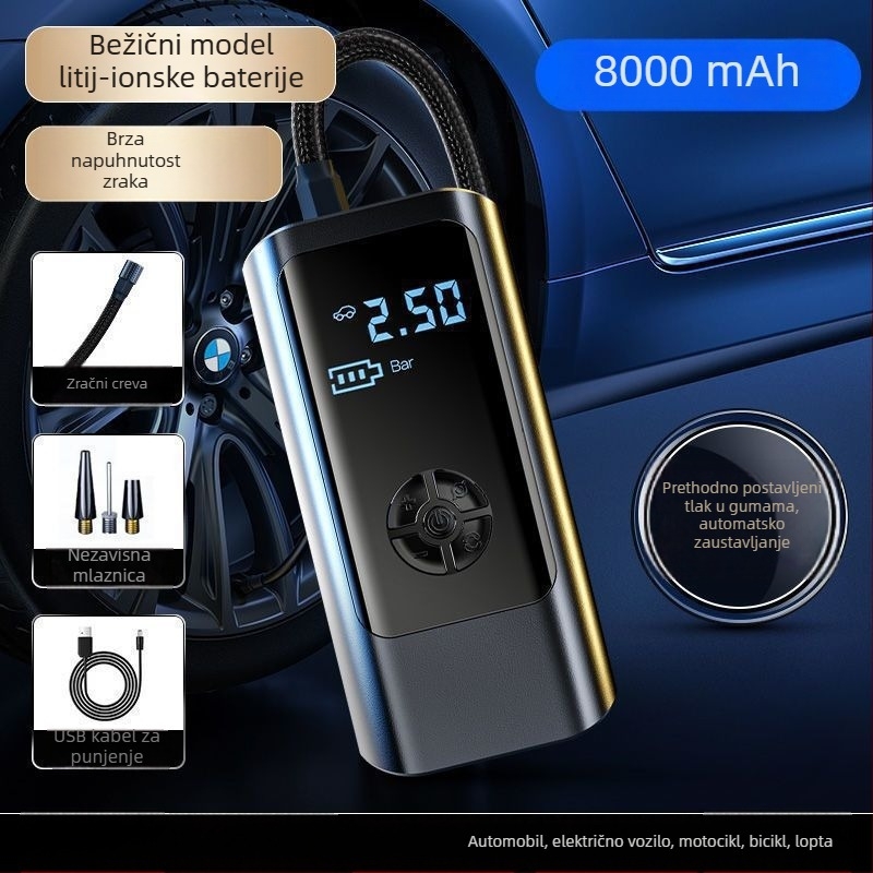 Inteligentna automobilska pumpa za zrak, mini bezžična električna pumpa s LED svjetlom, 12V 80W, 25 L/min, USB napajanje, digitalni zaslon i ugrađena Power Bank