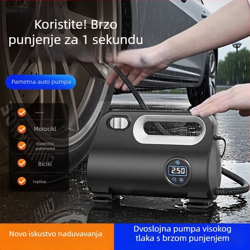 Automobilska pumpa za zrak s digitalnim prikazom, 120 W, kabel duljine 3,0–3,5 m, višecilindrična, univerzalna, sa svjetlom upozorenja