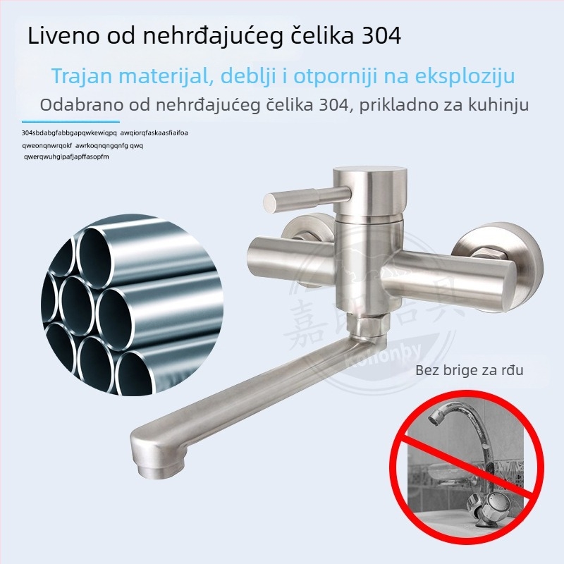 Zidni kuhinjski slavine od nehrđajućeg čelika, topla i hladna voda, jednoručni miješalica, rotirajući, model SK-8201, keramički kartridžni ventil
