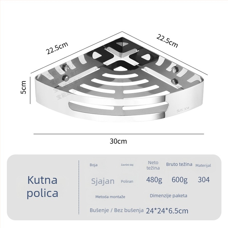 Nehrđajući čelična trokutasta kutna polica za kupaonicu, 1 etaža, montaža vijcima, polirana završna obrada, nosivost 1 kg