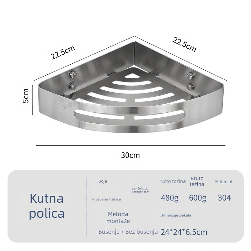 Nehrđajući čelična trokutasta kutna polica za kupaonicu, 1 etaža, montaža vijcima, polirana završna obrada, nosivost 1 kg