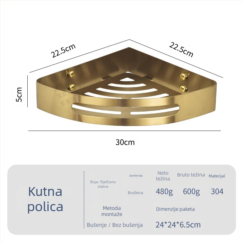 Nehrđajući čelična trokutasta kutna polica za kupaonicu, 1 etaža, montaža vijcima, polirana završna obrada, nosivost 1 kg