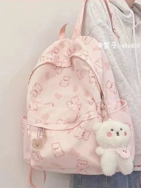 Ranac s printom medvjedića u Harajuku Ulzzang stilu, vodootporan, kapacitet 36–55L, kompatibilan s 15-inčnim laptopom, Oxford tkanina, naramenice s zračnom jastukom