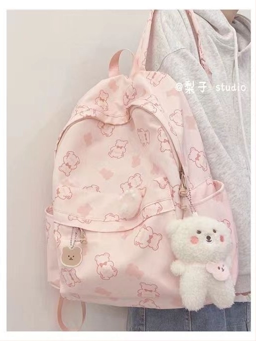 Ranac s printom medvjedića u Harajuku Ulzzang stilu, vodootporan, kapacitet 36–55L, kompatibilan s 15-inčnim laptopom, Oxford tkanina, naramenice s zračnom jastukom