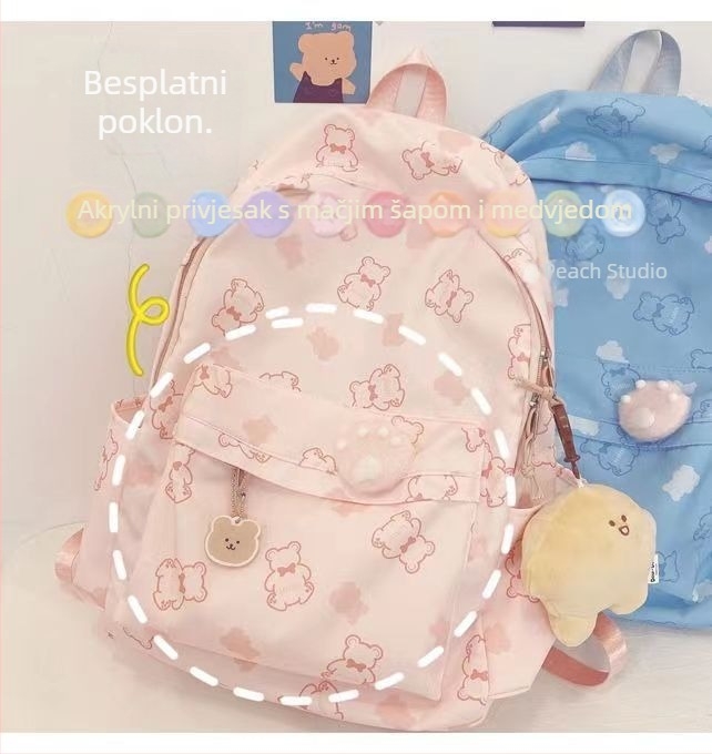 Ranac s printom medvjedića u Harajuku Ulzzang stilu, vodootporan, kapacitet 36–55L, kompatibilan s 15-inčnim laptopom, Oxford tkanina, naramenice s zračnom jastukom