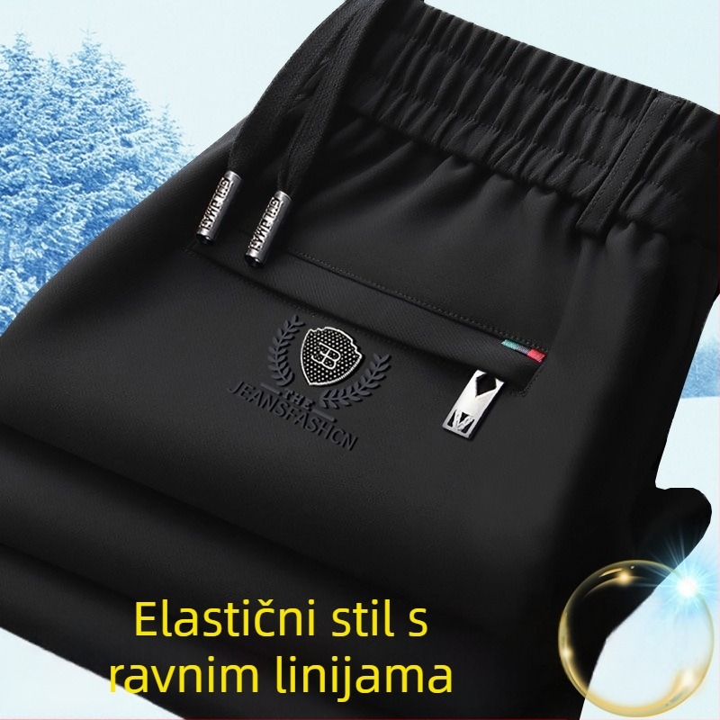 Muške zimske hlače s elastičnim pojasom, podstavljene flisom, ravni kroj, Cupro vlakno