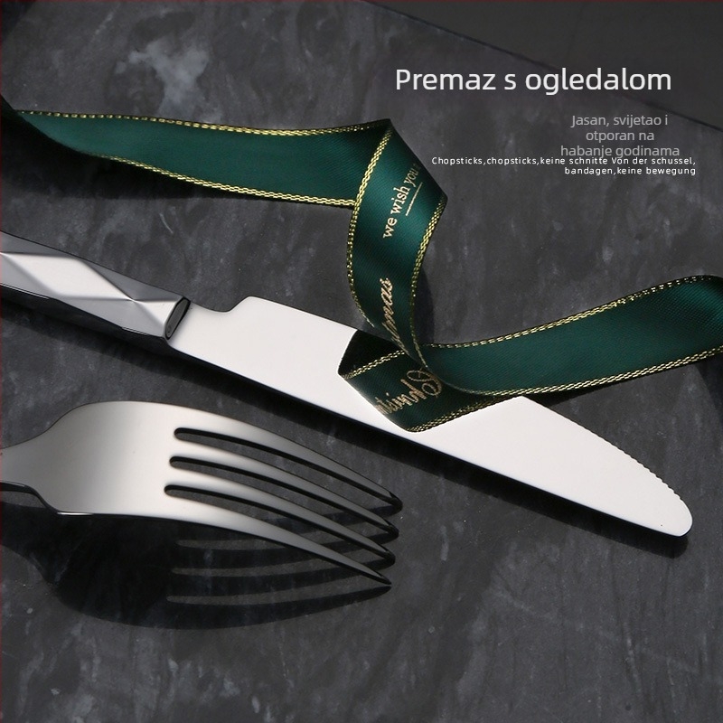 Set pribora od nehrđajućeg čelika 304 s ručkom kvadratno-dijamantnog oblika – nož, vilica i žlica, lagani luksuzni retro stil, ogledni završni premaz