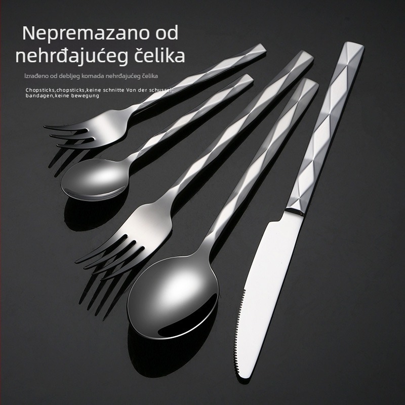 Set pribora od nehrđajućeg čelika 304 s ručkom kvadratno-dijamantnog oblika – nož, vilica i žlica, lagani luksuzni retro stil, ogledni završni premaz