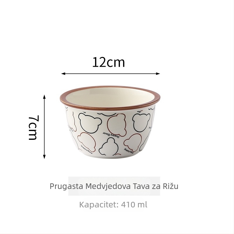 Dječji keramički set posuđa: zdjela za rižu, tanjur i podmetač – kružni oblik, sladak dizajn medvjedića, mikrovalna sigurnost, podglazurno završetak.