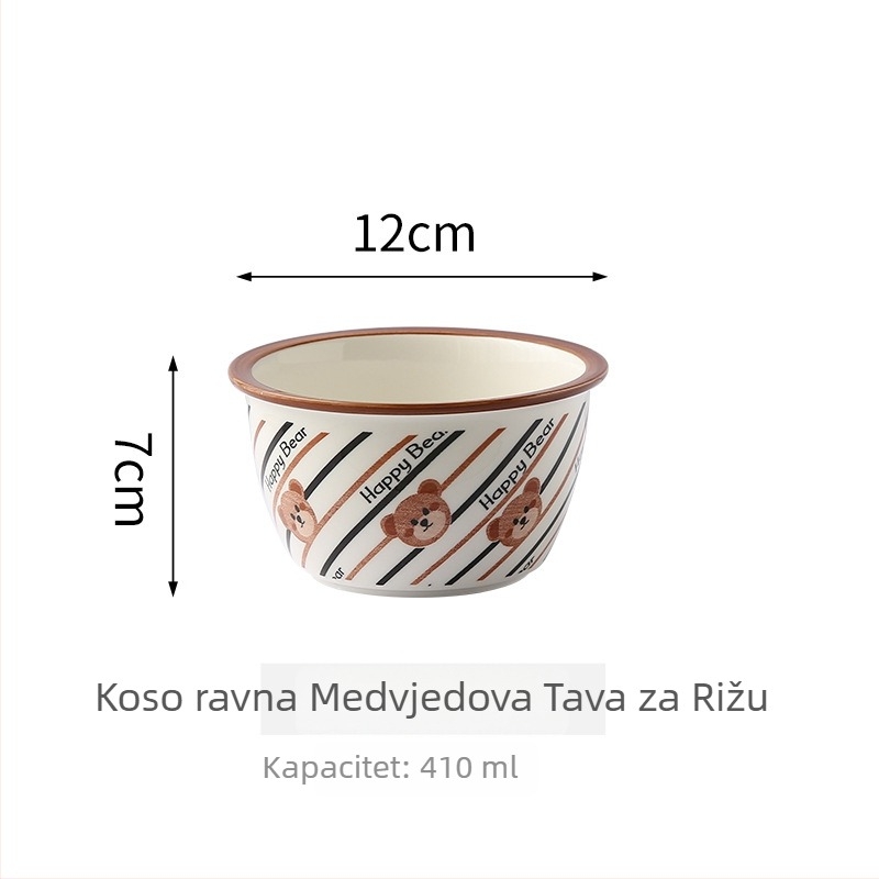 Dječji keramički set posuđa: zdjela za rižu, tanjur i podmetač – kružni oblik, sladak dizajn medvjedića, mikrovalna sigurnost, podglazurno završetak.