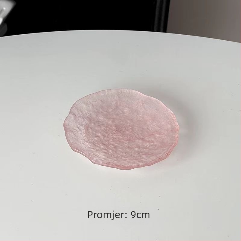 Ružičasti asimetrični stakleni tanjur - okrugli tanjur za deserte i užine, s gradijentnim uzorkom, moderni minimalistički stil