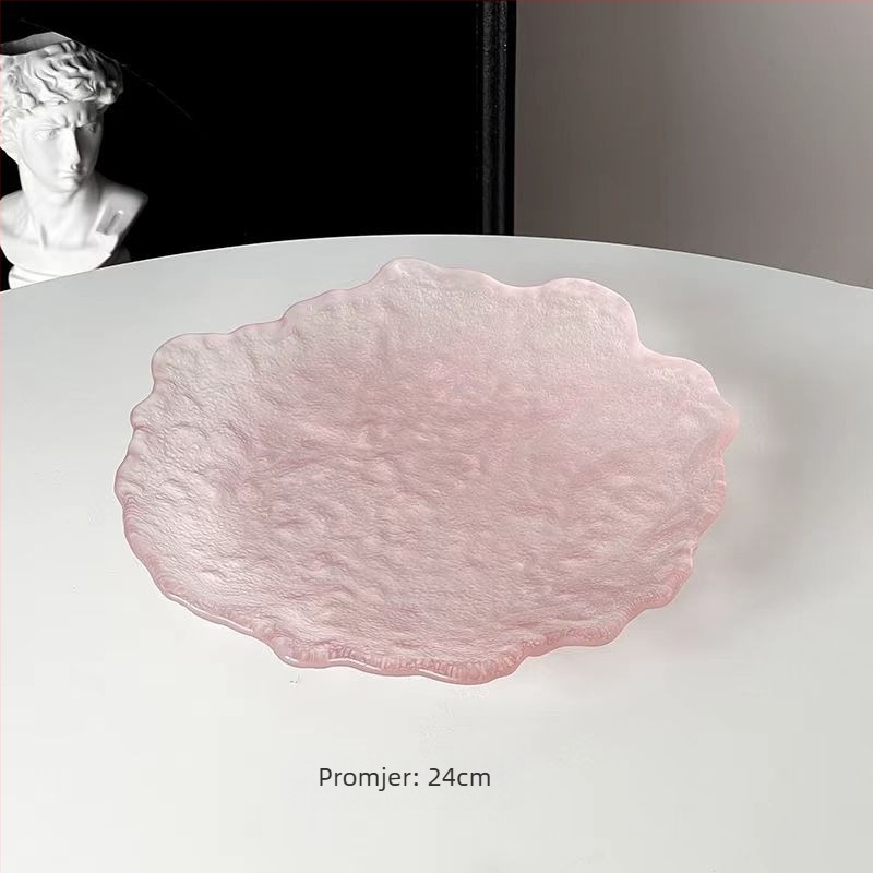 Ružičasti asimetrični stakleni tanjur - okrugli tanjur za deserte i užine, s gradijentnim uzorkom, moderni minimalistički stil