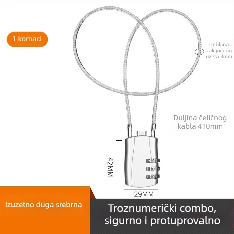 Mehanički sigurnosni zglob od cinkove legure s užetom od žice, model 018L, promjer 5 mm, pogodna za prtljagu, bicikl, kaciga, motocikl, školska torba; moderan minimalistički stil; prilagodljiva obrada