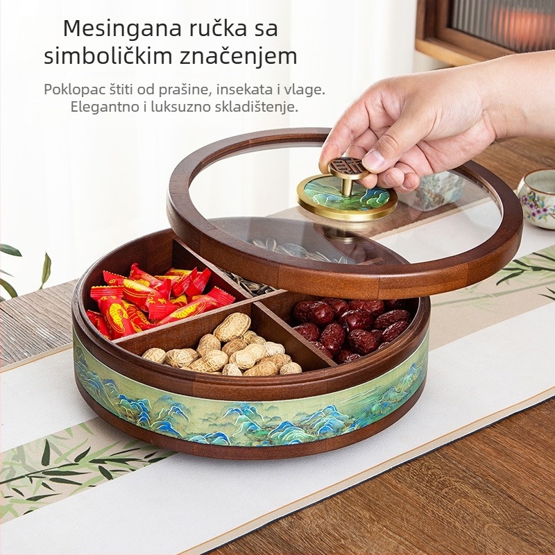 Drvena kutija s podijeljenim pretincima za suho voće i grickalice – dnevni boravak, moderni minimalistički stil, novi kineski stil, lansirano 2023