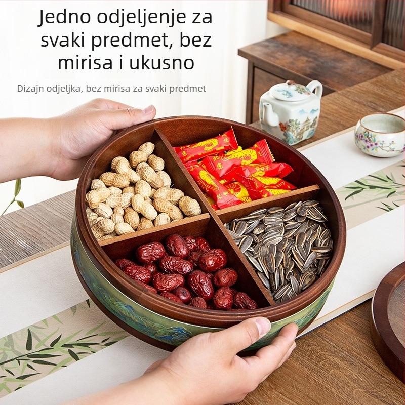 Drvena kutija s podijeljenim pretincima za suho voće i grickalice – dnevni boravak, moderni minimalistički stil, novi kineski stil, lansirano 2023