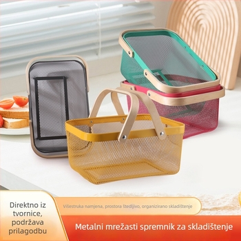 Pravokutni koš od kovanog željeza s drvenom drškom – moderni minimalistički stil, koš za voće i povrće