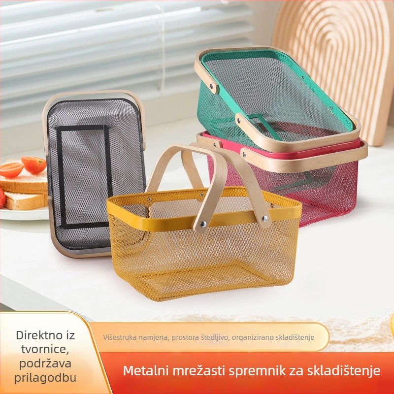 Pravokutni koš od kovanog željeza s drvenom drškom – moderni minimalistički stil, koš za voće i povrće