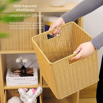 Plastična košara za pohranu, model XH-B029, kućna upotreba, pleteni dizajn od ratana, novi kineski stil; pogodna za deke, daljinske upravljače, uredske potrepštine, voće, torbe, povrće, lijekove, knjige i časopise.