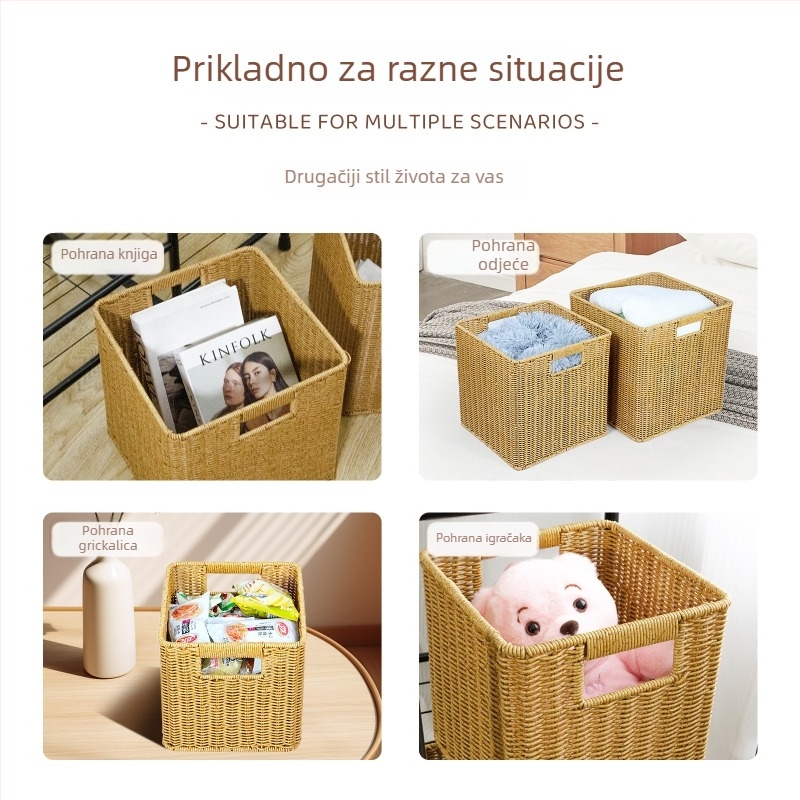 Plastična košara za pohranu, model XH-B029, kućna upotreba, pleteni dizajn od ratana, novi kineski stil; pogodna za deke, daljinske upravljače, uredske potrepštine, voće, torbe, povrće, lijekove, knjige i časopise.