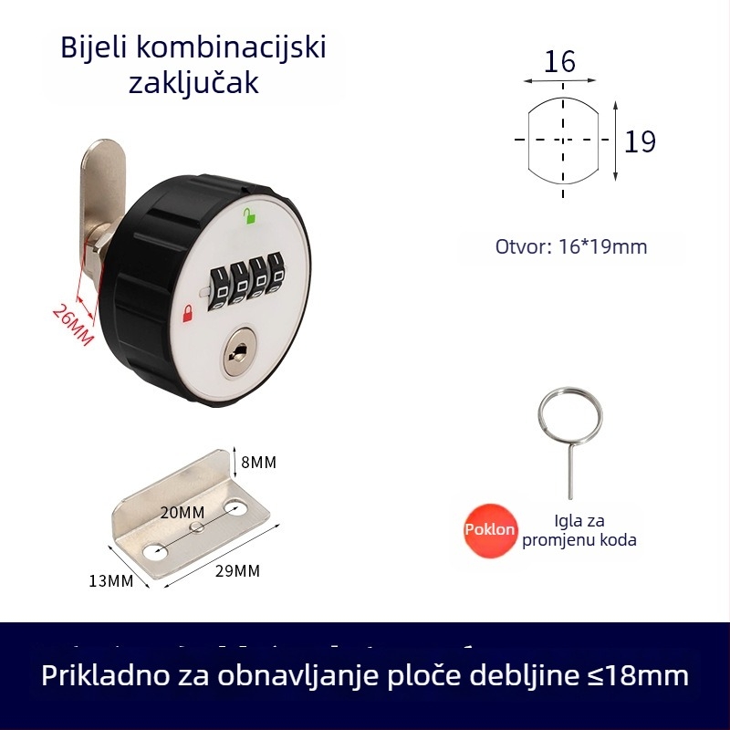 Mehanička brava ormariću s brojčanom kombinacijom, ABS+ cinkova legura, univerzalno za drvene i metalne ormariće, model 660329