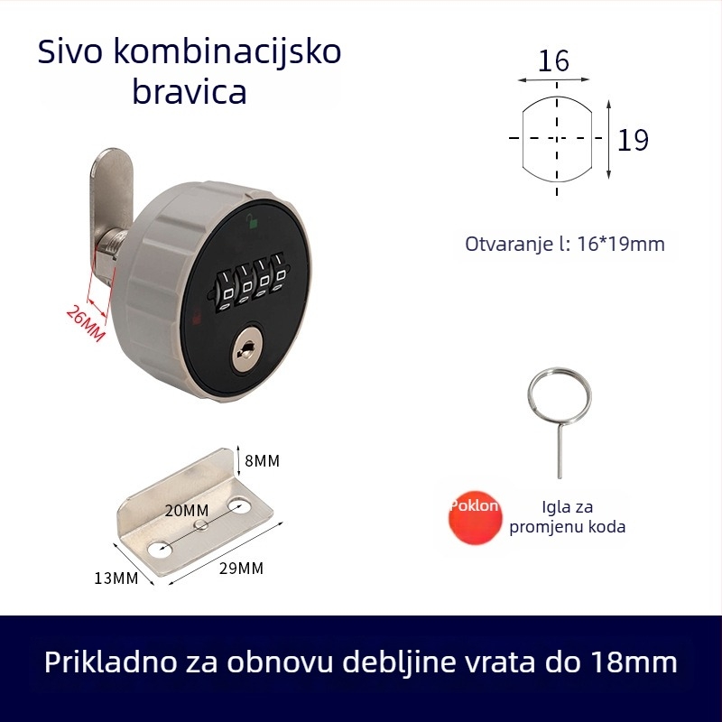 Mehanička brava ormariću s brojčanom kombinacijom, ABS+ cinkova legura, univerzalno za drvene i metalne ormariće, model 660329