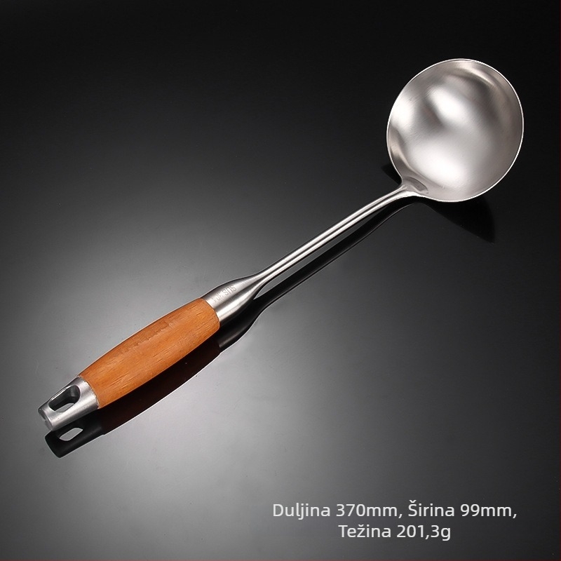Yanxing set kuhinjskih alata od nehrđajućeg čelika s drškom od krušnog drveta — lopatica, skimmer, jušna žlica