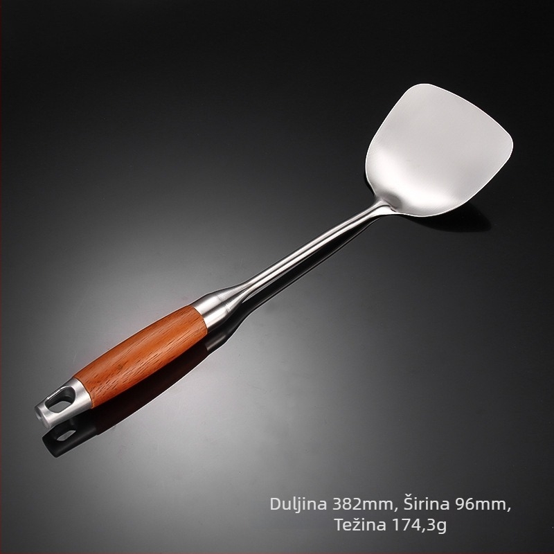 Yanxing set kuhinjskih alata od nehrđajućeg čelika s drškom od krušnog drveta — lopatica, skimmer, jušna žlica