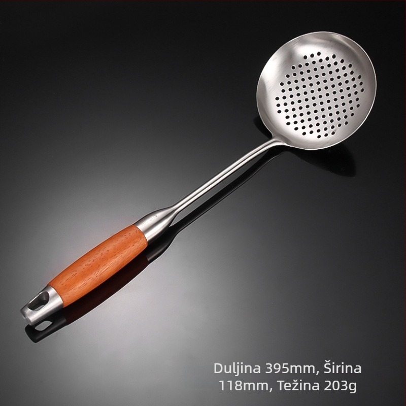 Yanxing set kuhinjskih alata od nehrđajućeg čelika s drškom od krušnog drveta — lopatica, skimmer, jušna žlica