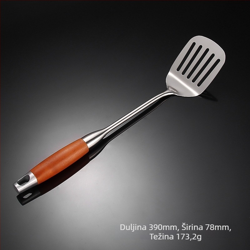 Yanxing set kuhinjskih alata od nehrđajućeg čelika s drškom od krušnog drveta — lopatica, skimmer, jušna žlica