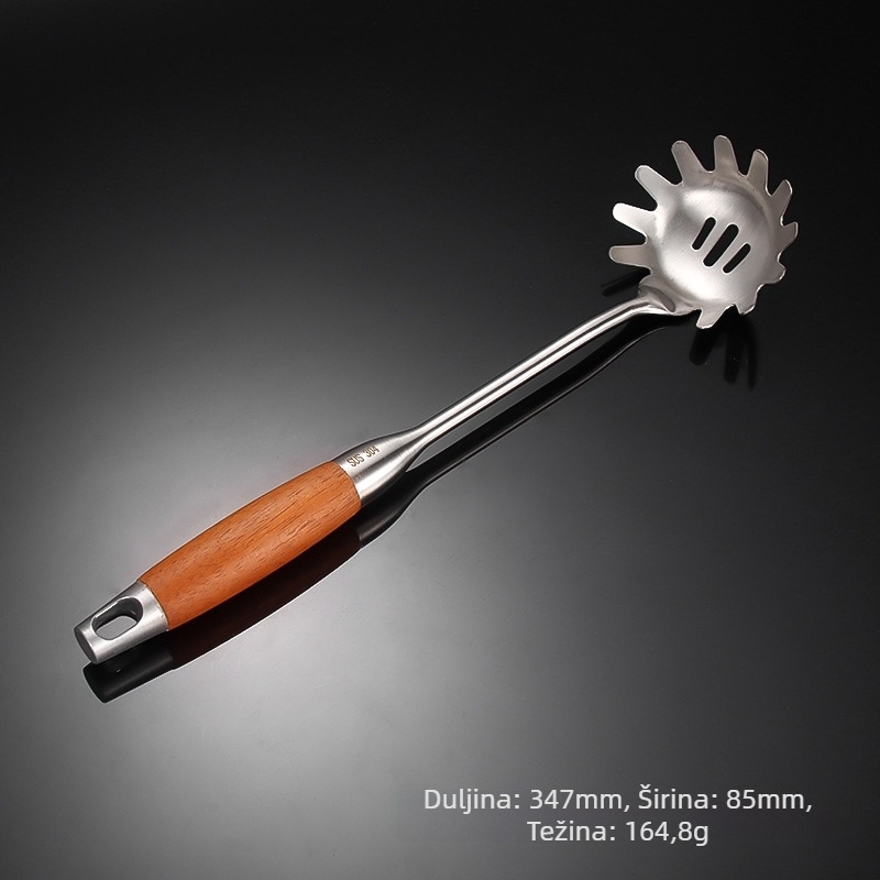 Yanxing set kuhinjskih alata od nehrđajućeg čelika s drškom od krušnog drveta — lopatica, skimmer, jušna žlica