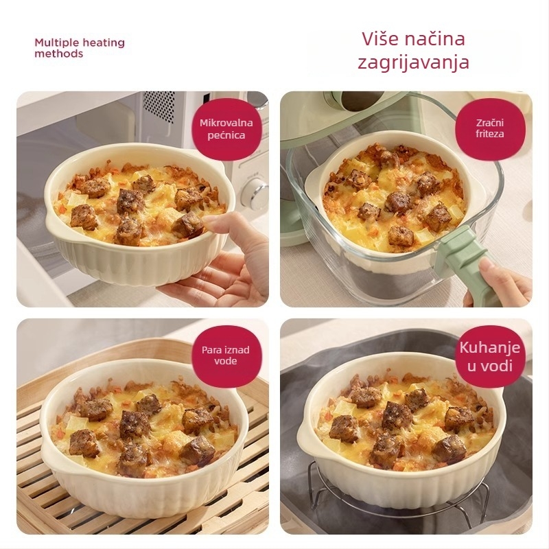 Keramična zdjela pogodna za mikrovalnu s dvostrukim ručkama, pogodna za pećnicu i air fryer, okrugli oblik, glazirana površina, novi kineski stil.