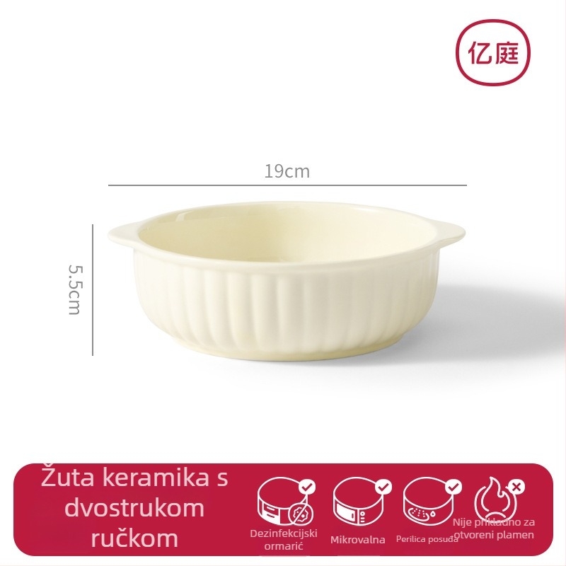 Keramična zdjela pogodna za mikrovalnu s dvostrukim ručkama, pogodna za pećnicu i air fryer, okrugli oblik, glazirana površina, novi kineski stil.