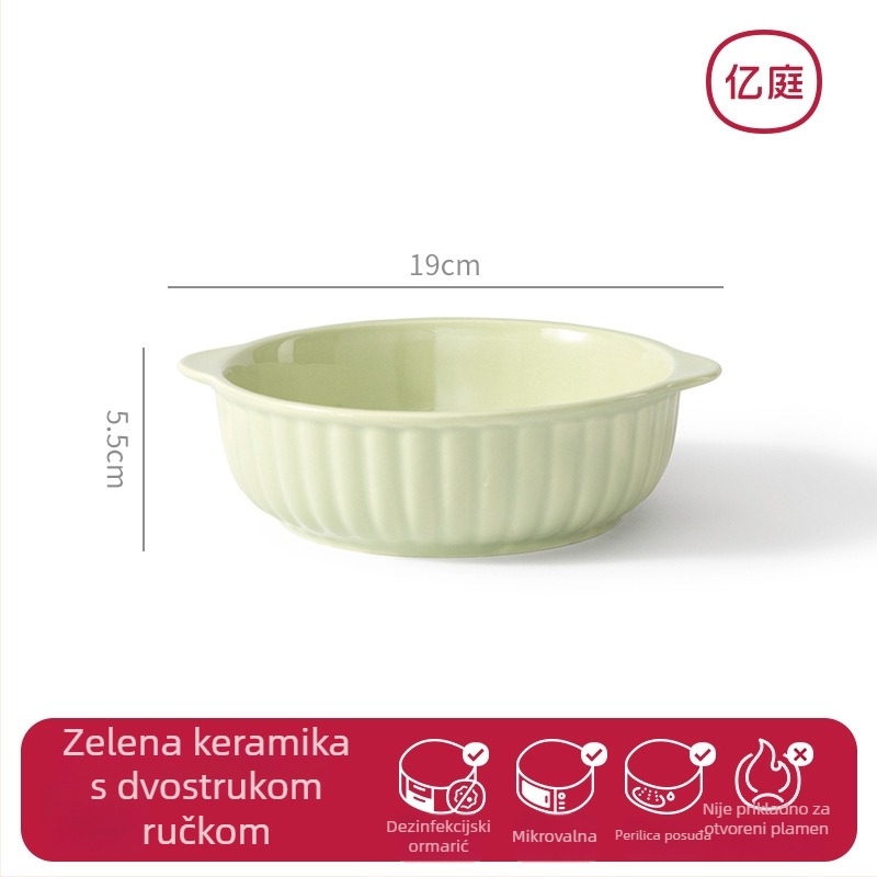 Keramična zdjela pogodna za mikrovalnu s dvostrukim ručkama, pogodna za pećnicu i air fryer, okrugli oblik, glazirana površina, novi kineski stil.
