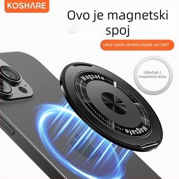 Sklopivi držač za telefon s magnetskim držačem i stražnjom naljepnicom, kompatibilan Apple/Huawei/Xiaomi; metal + plastika; bežično punjenje; univerzalni prijenosni prstenasti držač