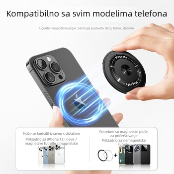 Sklopivi držač za telefon s magnetskim držačem i stražnjom naljepnicom, kompatibilan Apple/Huawei/Xiaomi; metal + plastika; bežično punjenje; univerzalni prijenosni prstenasti držač