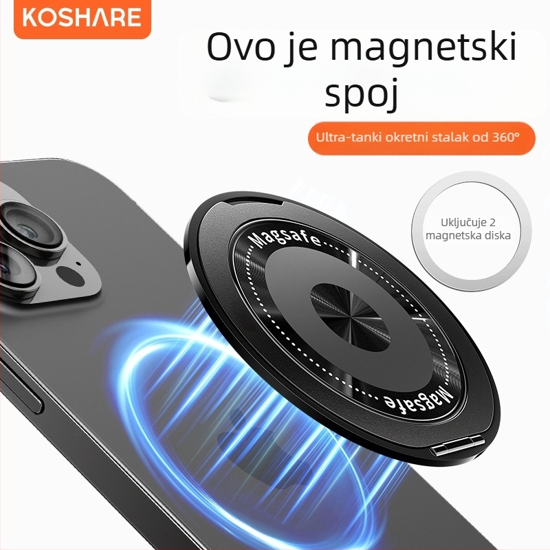 Sklopivi držač za telefon s magnetskim držačem i stražnjom naljepnicom, kompatibilan Apple/Huawei/Xiaomi; metal + plastika; bežično punjenje; univerzalni prijenosni prstenasti držač