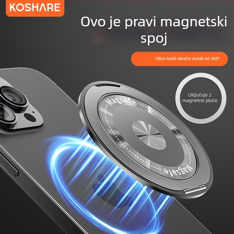 Sklopivi držač za telefon s magnetskim držačem i stražnjom naljepnicom, kompatibilan Apple/Huawei/Xiaomi; metal + plastika; bežično punjenje; univerzalni prijenosni prstenasti držač