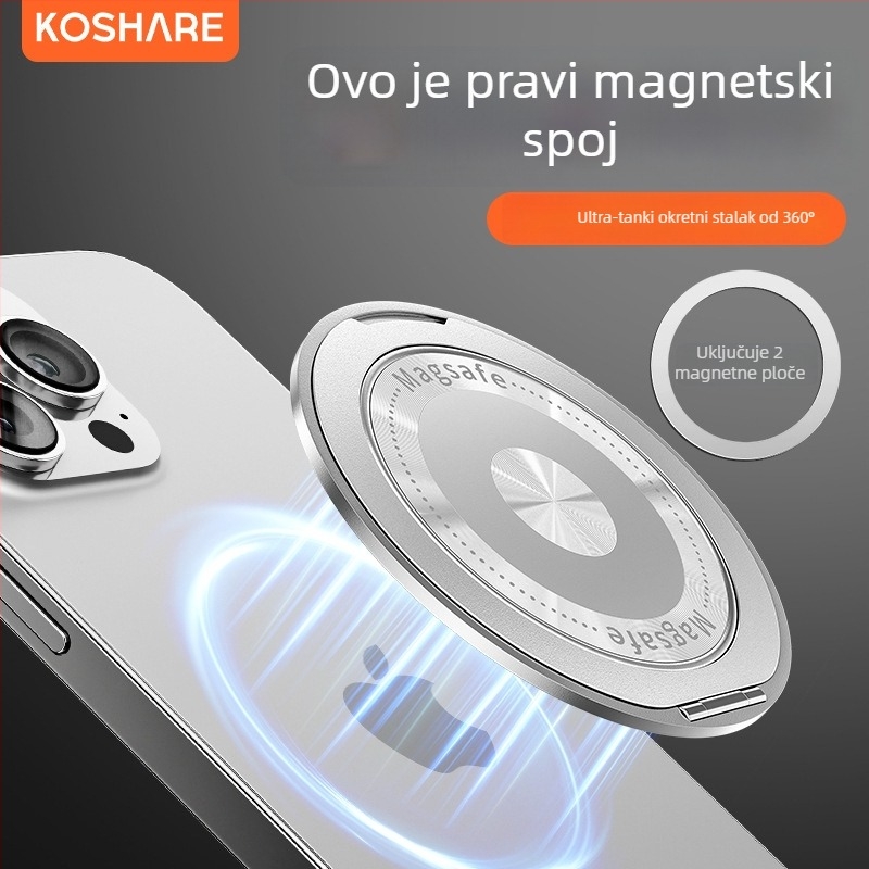 Sklopivi držač za telefon s magnetskim držačem i stražnjom naljepnicom, kompatibilan Apple/Huawei/Xiaomi; metal + plastika; bežično punjenje; univerzalni prijenosni prstenasti držač