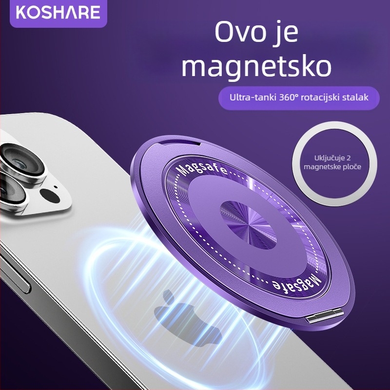 Sklopivi držač za telefon s magnetskim držačem i stražnjom naljepnicom, kompatibilan Apple/Huawei/Xiaomi; metal + plastika; bežično punjenje; univerzalni prijenosni prstenasti držač