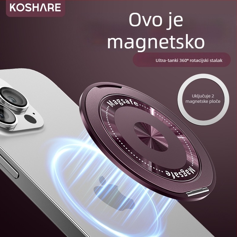 Sklopivi držač za telefon s magnetskim držačem i stražnjom naljepnicom, kompatibilan Apple/Huawei/Xiaomi; metal + plastika; bežično punjenje; univerzalni prijenosni prstenasti držač