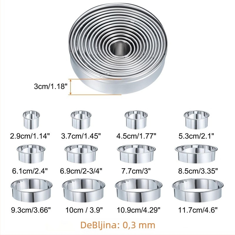 Nehrđajući čelična kružna kalupa za tortu s mousse prstenom i uvijenim rubovima, set od 12 komada