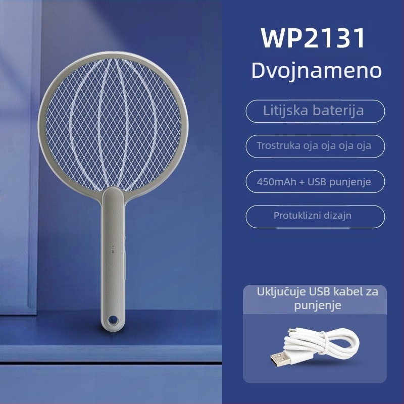 2-u-1 sklopiva električna repelentna mreža za komarce s USB punjenjem i zidnim nosačem, LED svjetlo, okret 0-180°, ugrađena baterija 1001-1600 mAh