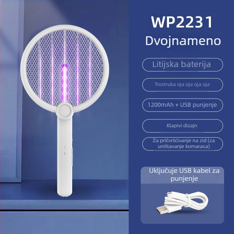 2-u-1 sklopiva električna repelentna mreža za komarce s USB punjenjem i zidnim nosačem, LED svjetlo, okret 0-180°, ugrađena baterija 1001-1600 mAh