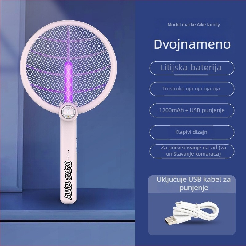 2-u-1 sklopiva električna repelentna mreža za komarce s USB punjenjem i zidnim nosačem, LED svjetlo, okret 0-180°, ugrađena baterija 1001-1600 mAh