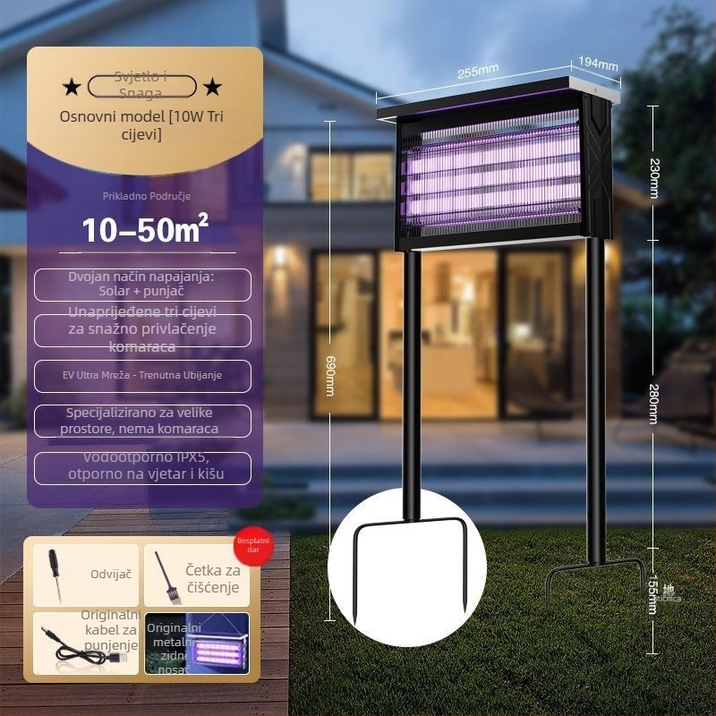 Vanjska solarna lampa za uništavanje komaraca - vodootporna, punjiva solarnom energijom, UV ljubičasta svjetlost, pokrivenost do 200 m²