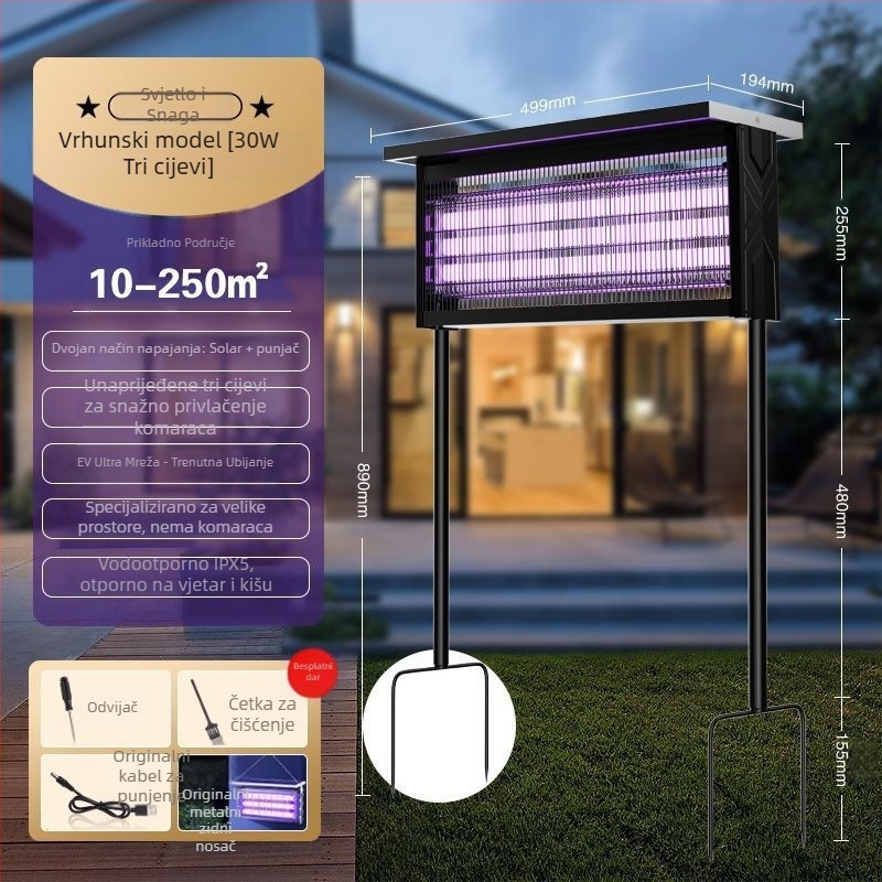 Vanjska solarna lampa za uništavanje komaraca - vodootporna, punjiva solarnom energijom, UV ljubičasta svjetlost, pokrivenost do 200 m²